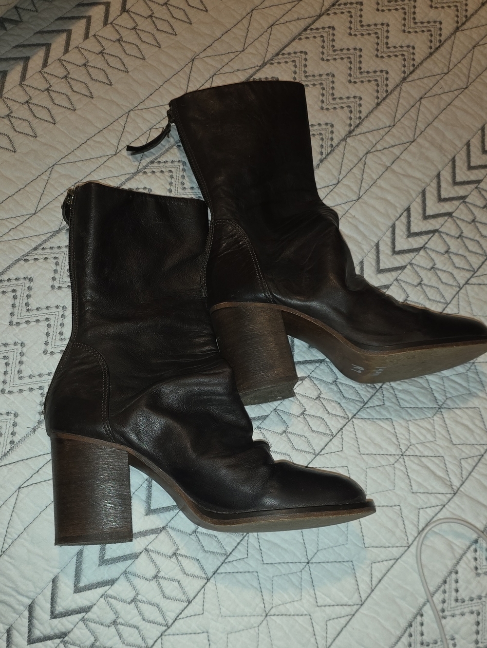 Free People Brown Leather Block Heel Mid-Calf Boots